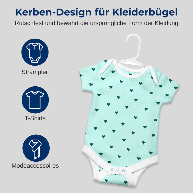 Ein hellblauer Baby-Strampler mit dunkelgrünen Herzen hängt an einem weißen Kleiderbügel, neben Text und Symbolen für Kleidungsarten.