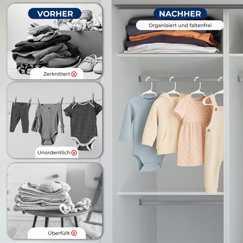Vorher: zerknitterte Kleidung, Wäscheleine, überfüllter Tisch. Nachher: organisierter Schrank mit Kleidung.