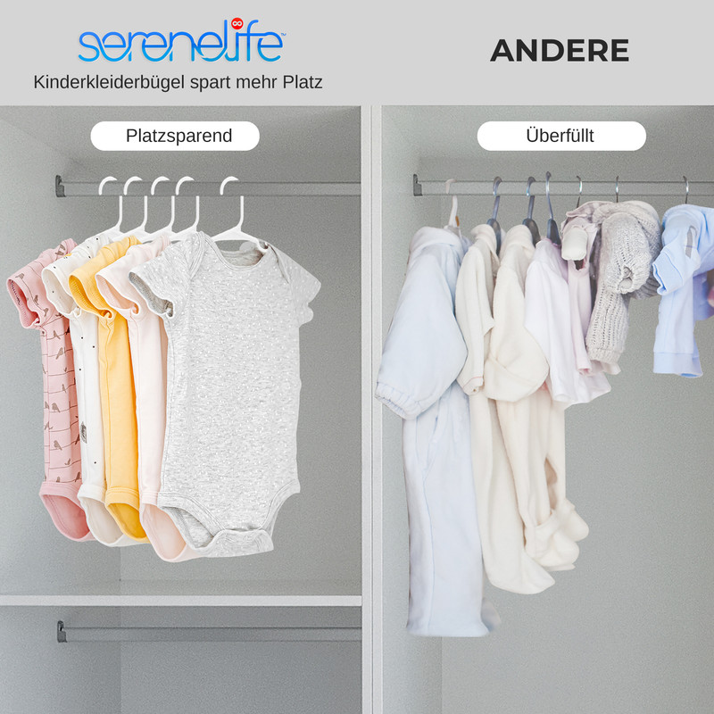 Zwei Kleiderschrankbereiche: links fünf Baby-Bodys ordentlich an platzsparenden Bügeln, rechts viele Kleider an überfüllten Bügeln.