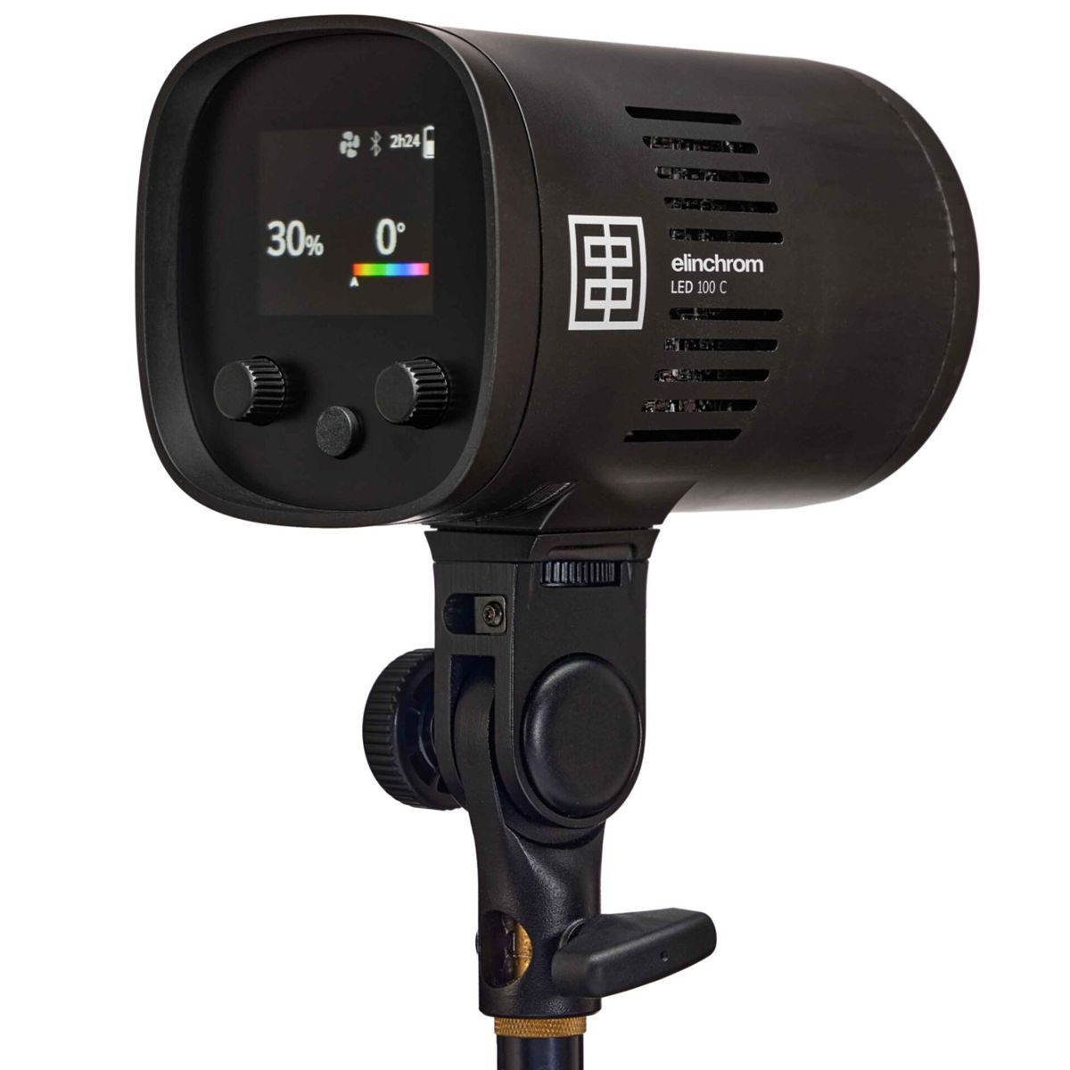 Ein schwarzes Elinchrom LED 100 C Blitzlicht mit Display, Knöpfen und Halterung.