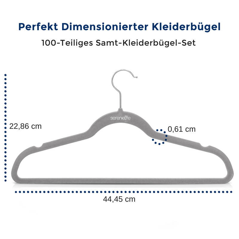 Ein grauer Samtkleiderbügel von Serenelife mit Maßen.