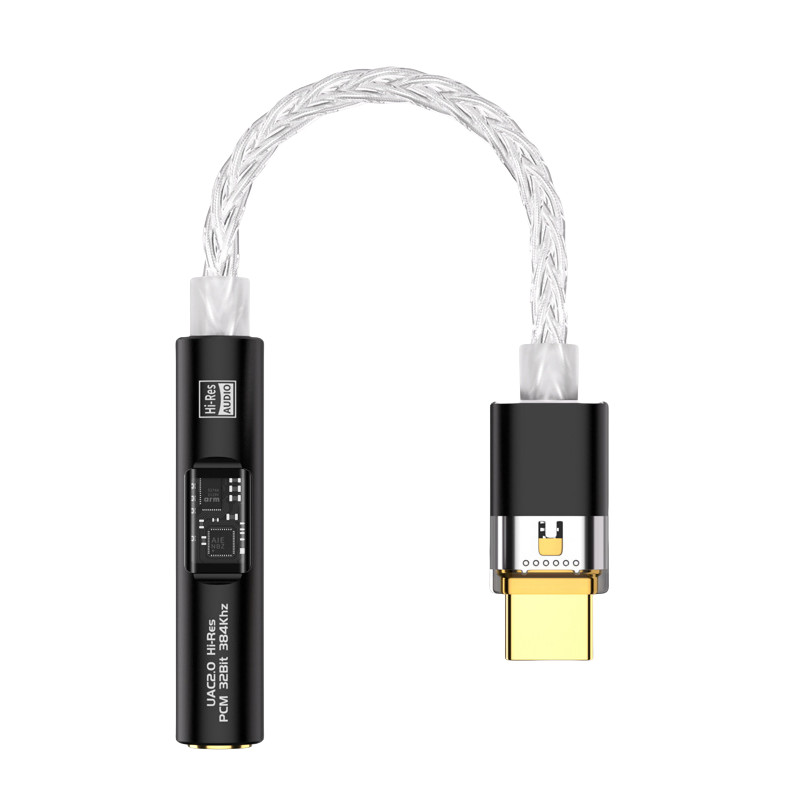 Schwarzer DAC/Verstärker mit geflochtenem Kabel, USB-C zu 3,5mm, Hi-Res Audio-Aufschrift.