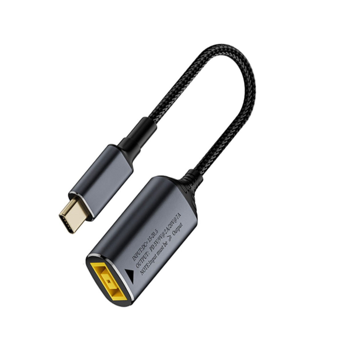 Ein schwarzer USB-C-zu-Lenovo-Adapter mit geflochtenem Kabel, weißer Hintergrund.