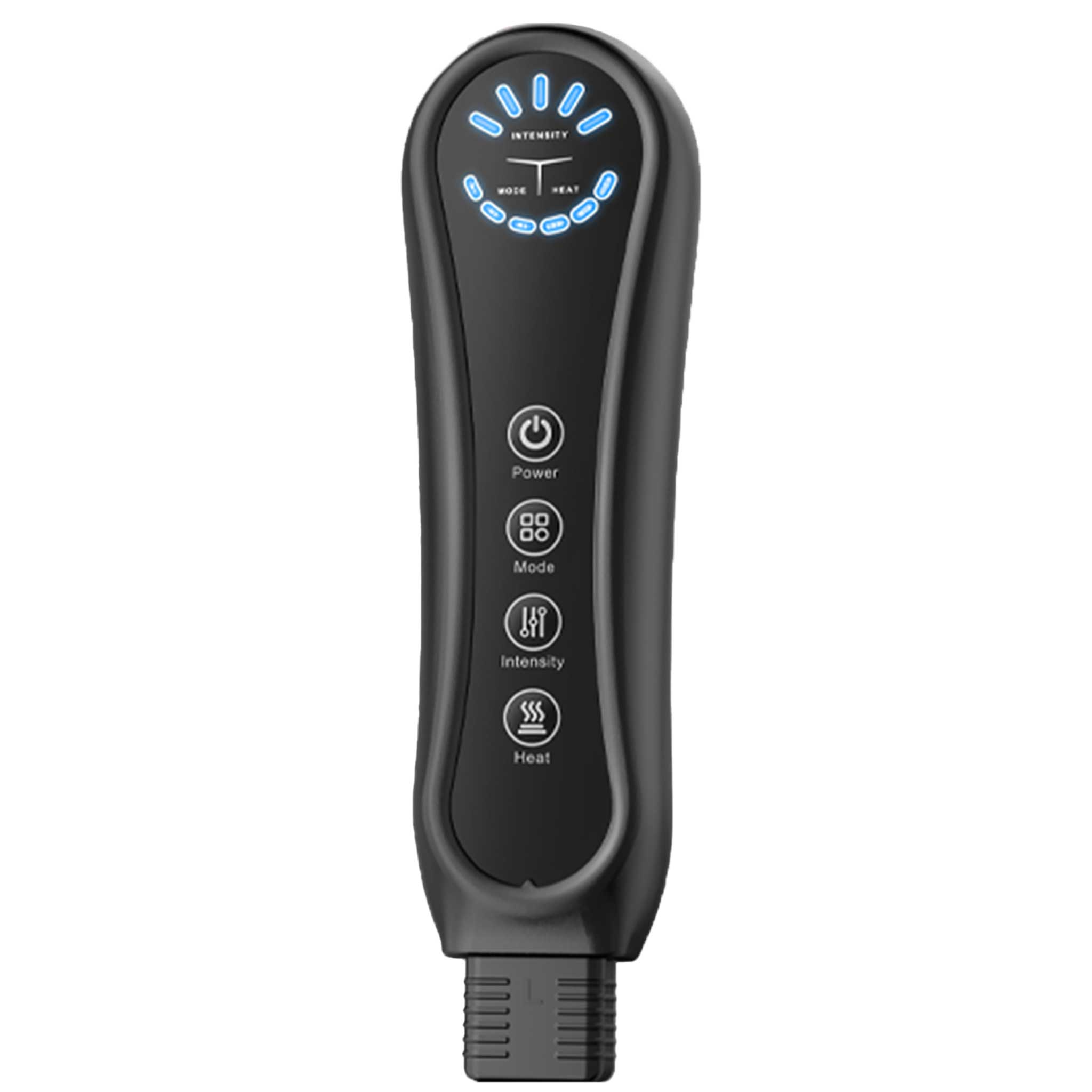 Schwarzer Griff mit blauer LED-Anzeige für Leistung, Modus, Intensität und Wärme.