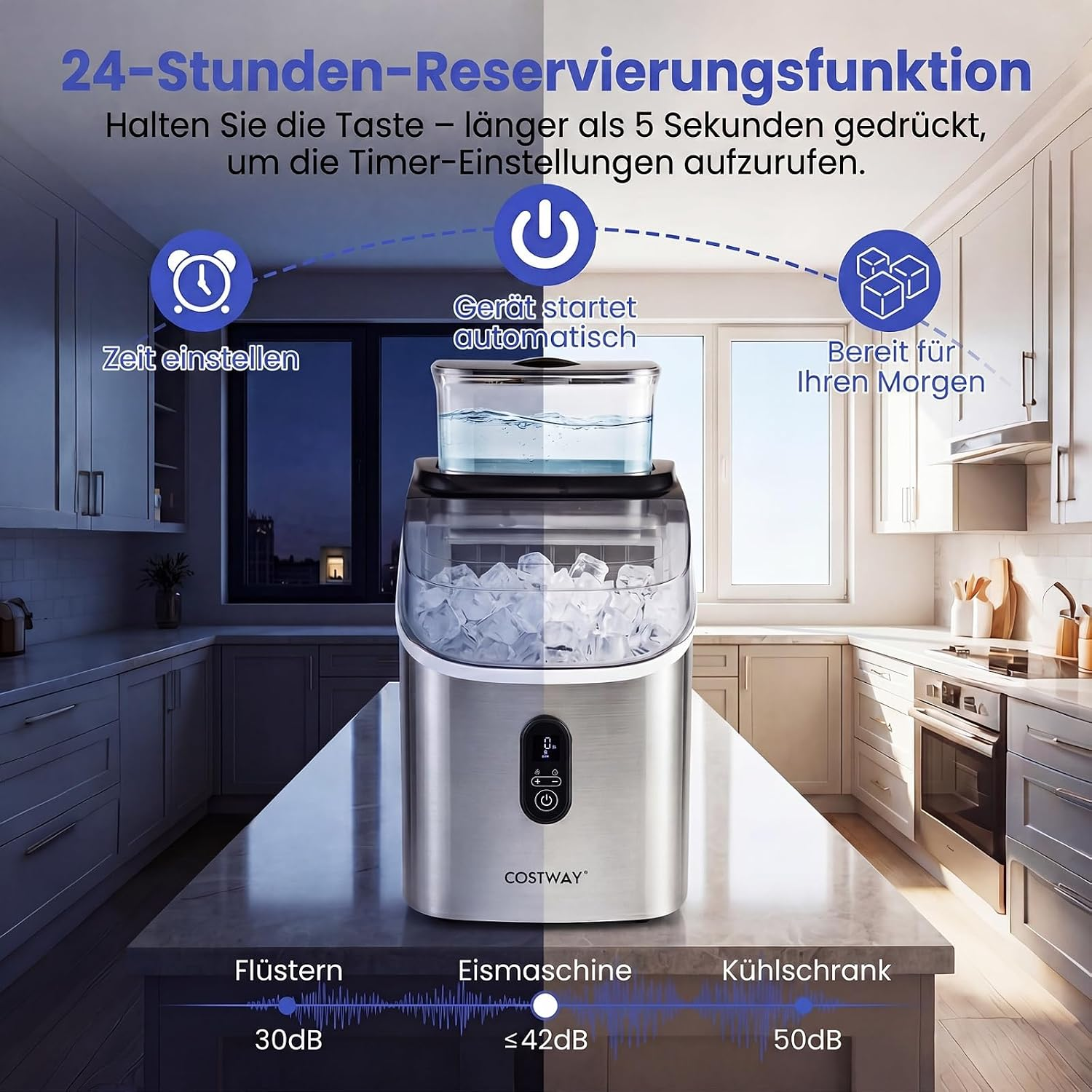 Edelstahl-Eismaschine mit Behälter, steht auf Küchentheke. Timer-Funktion.