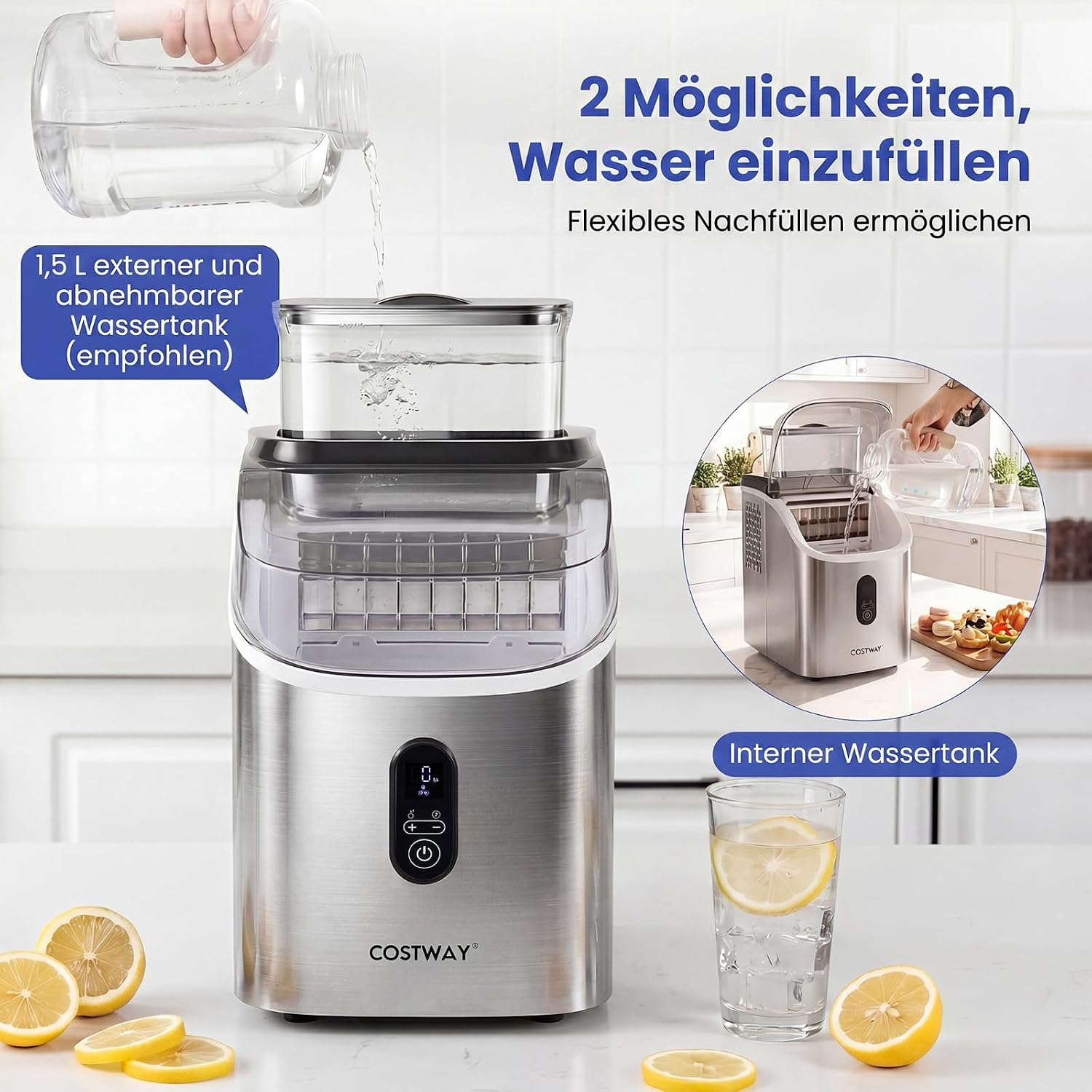 Edelstahl Eismaschine füllt Wasser aus externem und internem Tank.