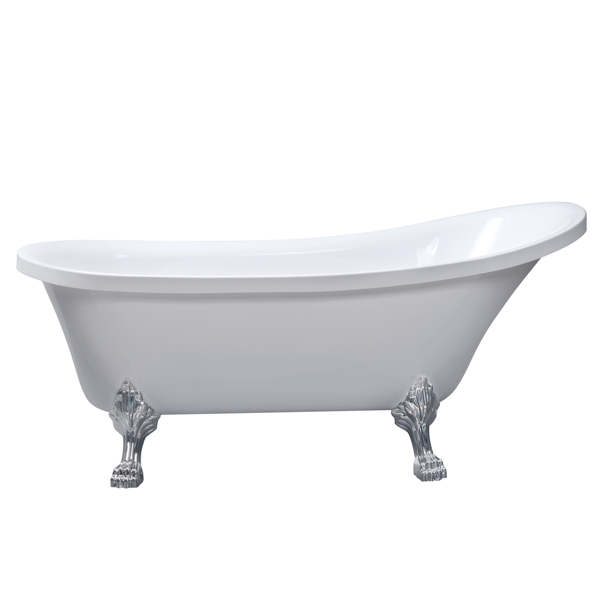 Eine weiße Klauenfuß-Badewanne mit glänzenden, silbernen, verzierten Füßen, isoliert auf weißem Hintergrund, aus leicht schräger Perspektive.