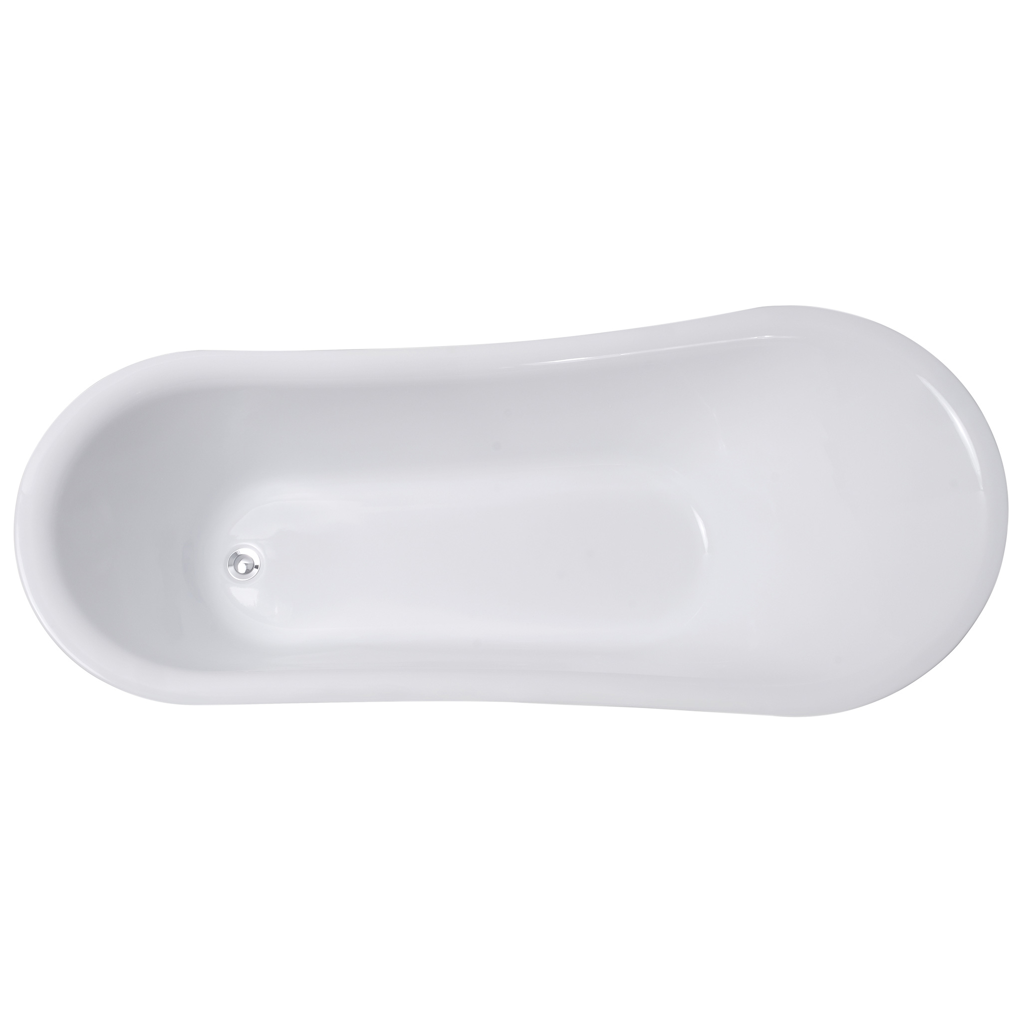 Eine leere, weiße, freistehende Badewanne mit einem silbernen Abfluss.