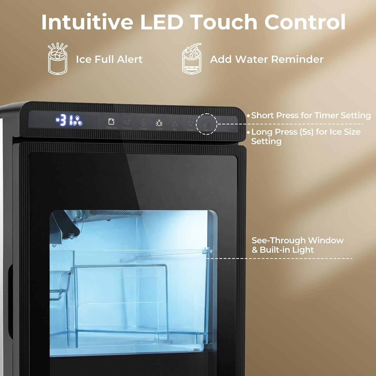 Eismaschine mit LED-Touch-Steuerung, Eisvoller Alarm, Wassererinnerung.