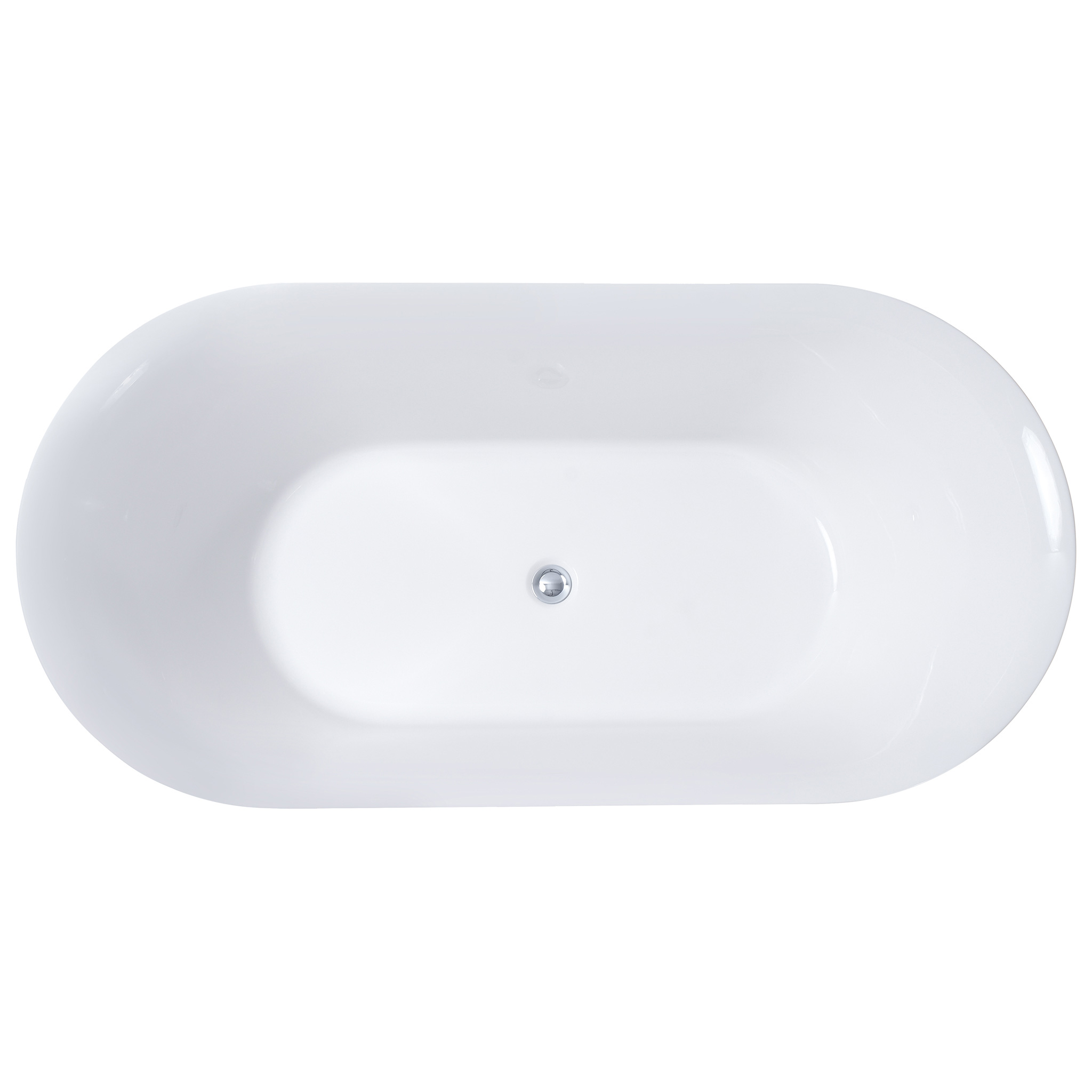 Eine weiße, freistehende Badewanne mit einem silbernen Abfluss in der Mitte.