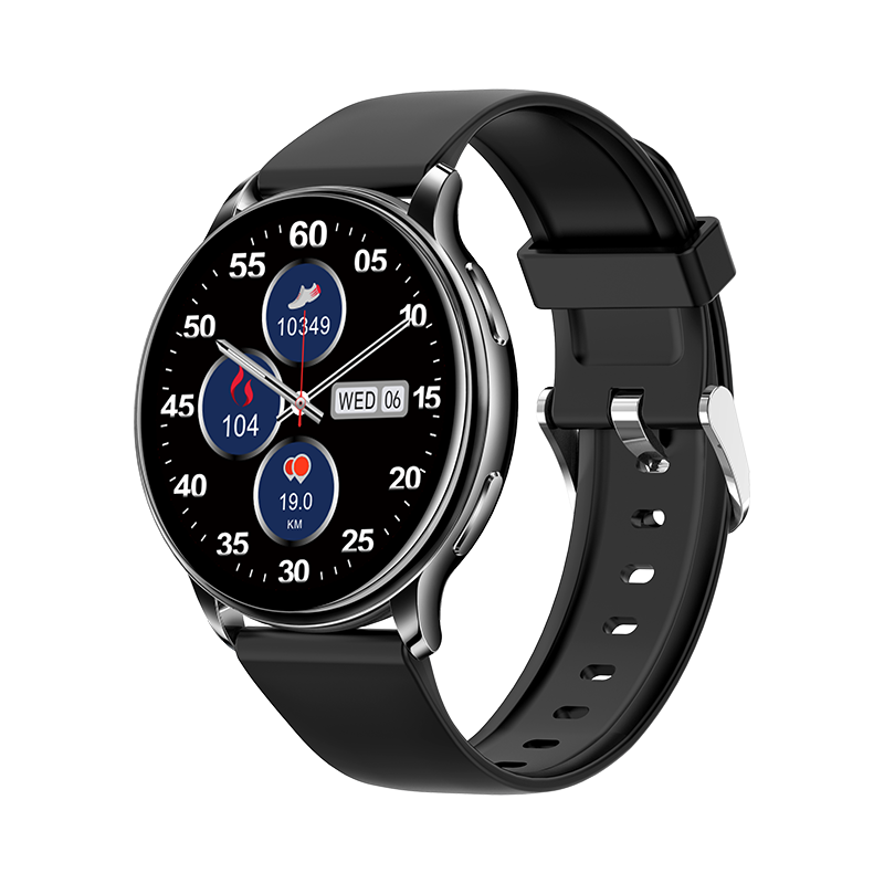 Uno smartwatch nero mostra ora, passi (10349), battito cardiaco (104) e distanza (19,0 km).