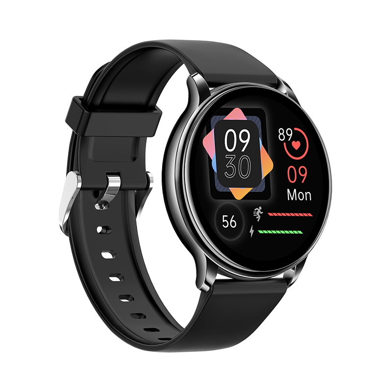 Uno smartwatch nero con display rotondo che mostra ora, data e frequenza cardiaca.