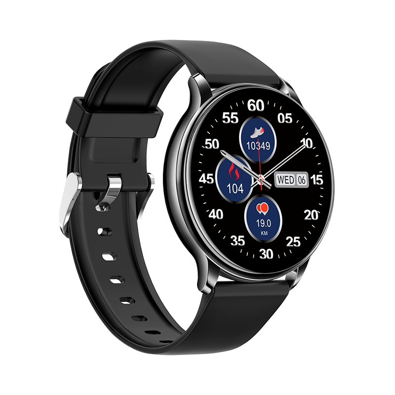 Smartwatch nero con cinturino nero e display digitale rotondo.