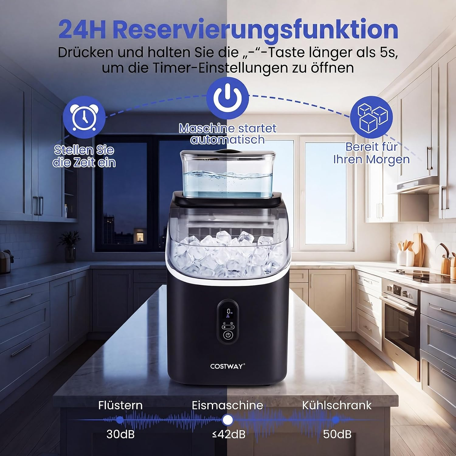 Schwarze Eismaschine auf Küchentheke, mit Eiswürfeln gefüllt, zeigt 24h Timer-Funktion.