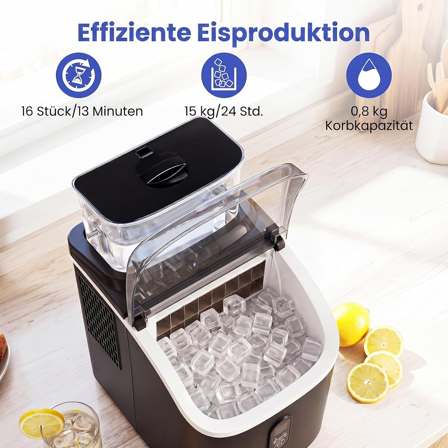 Ein Eisbereiter mit klaren Eiswürfeln, Zitronen und Text über die Produktionsgeschwindigkeit.