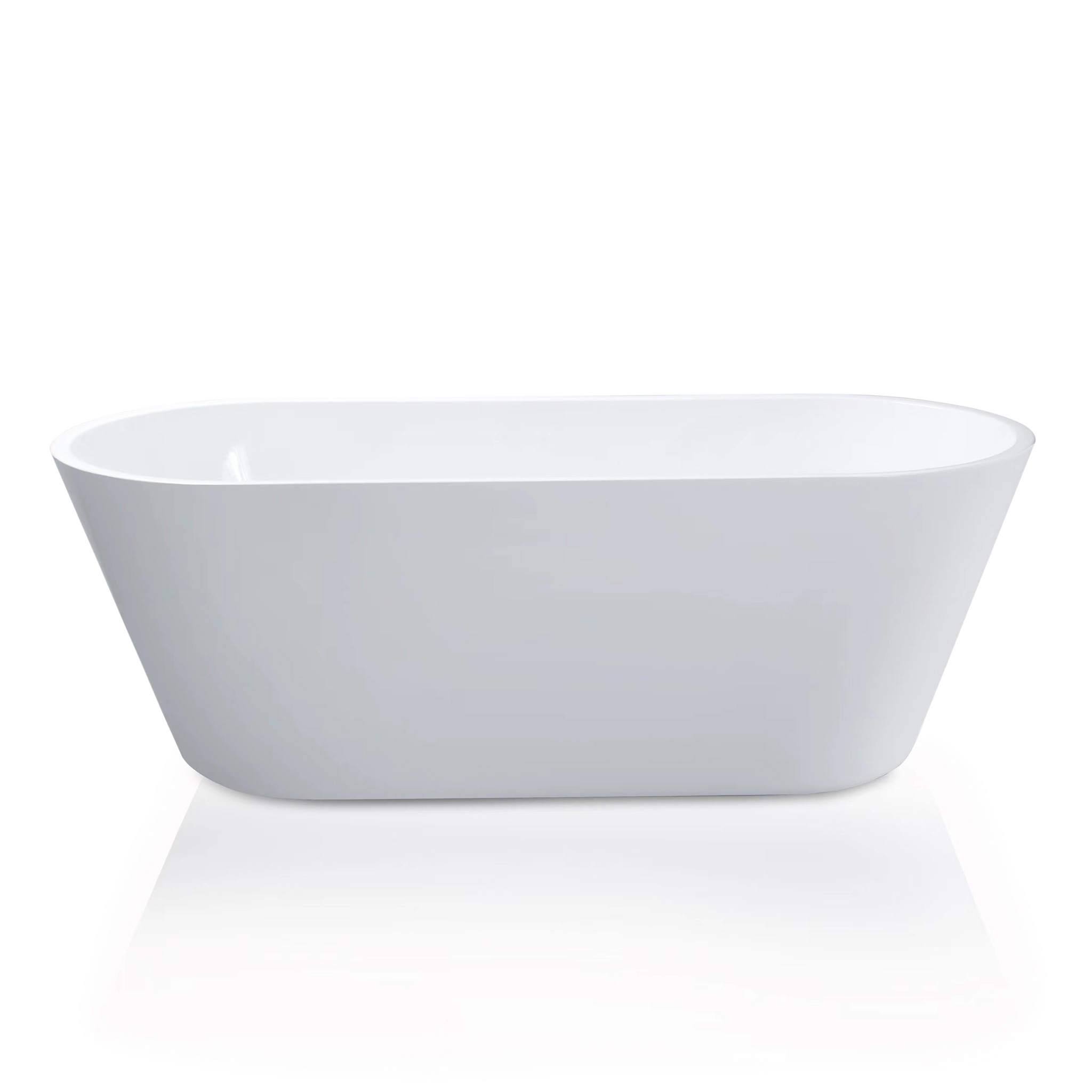 Eine weiße, freistehende Badewanne mit modernem Design steht mittig vor einem schlichten weißen Hintergrund und wirft einen subtilen Schatten.