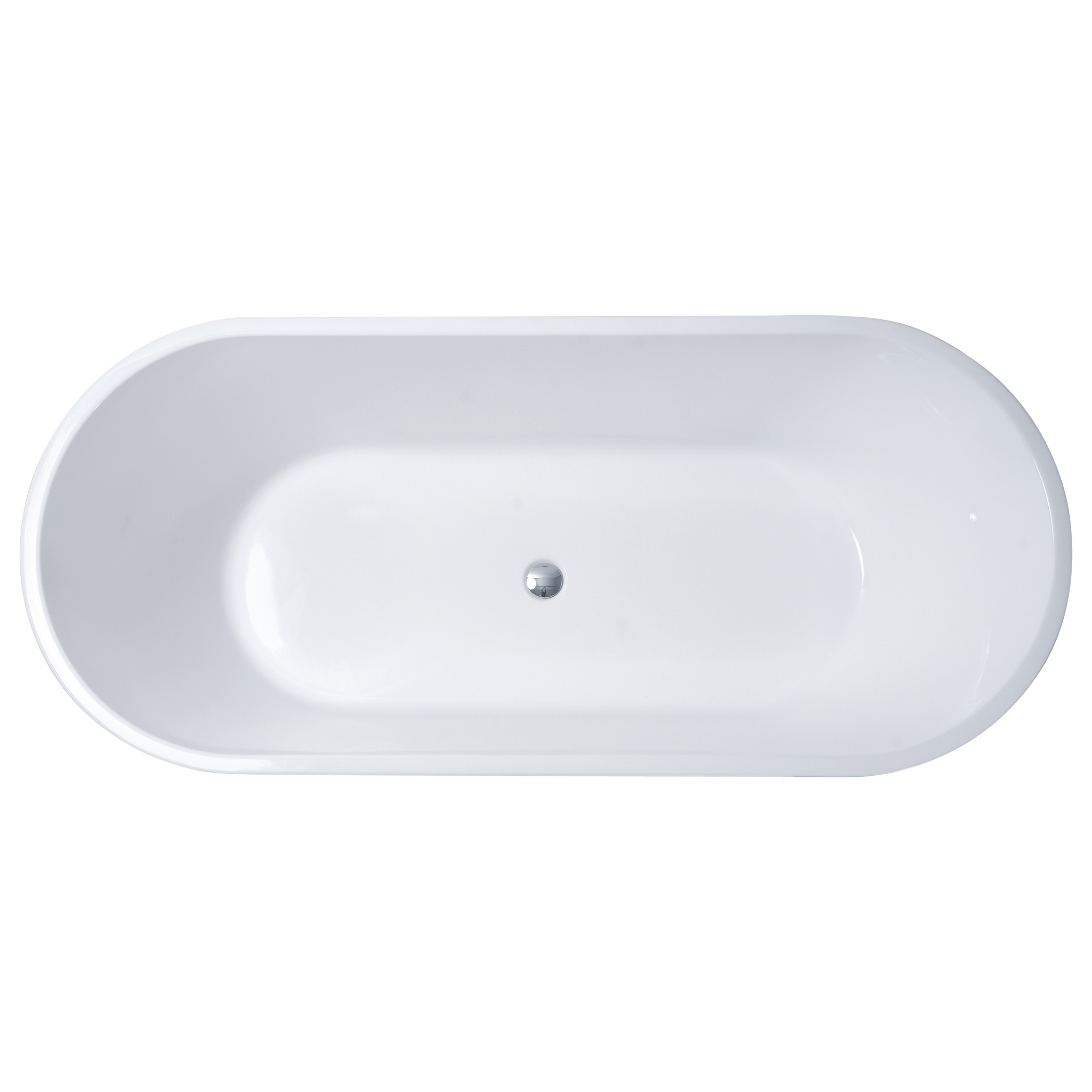 Eine weiße freistehende Badewanne mit einem silbernen Abfluss in der Mitte.