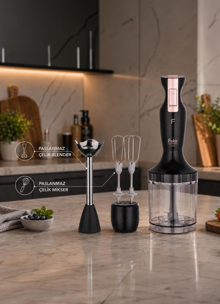 Paslanmaz çelik blender ayağı, çırpıcı ve doğrayıcı aparatı olan siyah el blenderı.