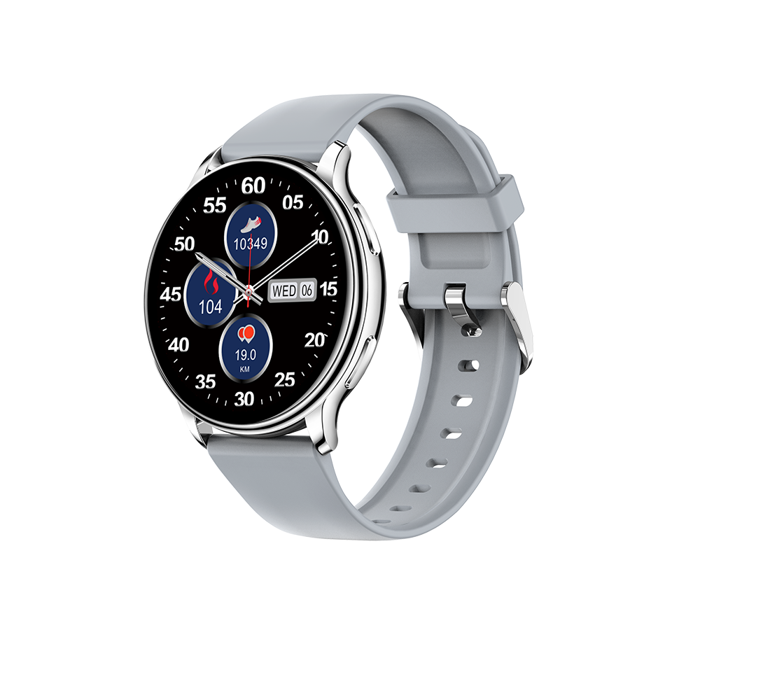 Uno smartwatch grigio con bordo argentato mostra ora, passi, battito cardiaco, distanza.