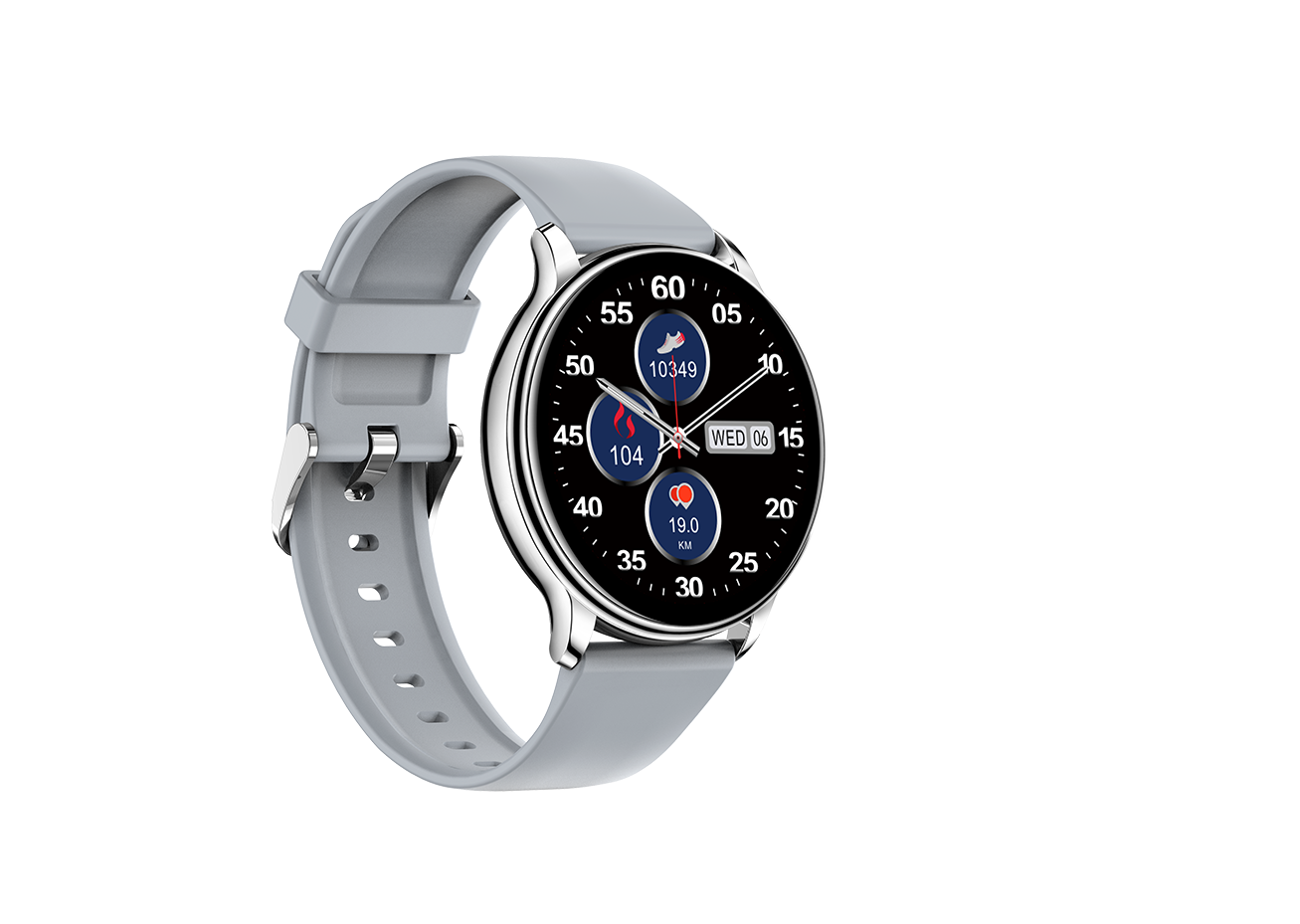 Orologio intelligente grigio con cassa argentata e quadrante nero, mostra ora, data e dati fitness.