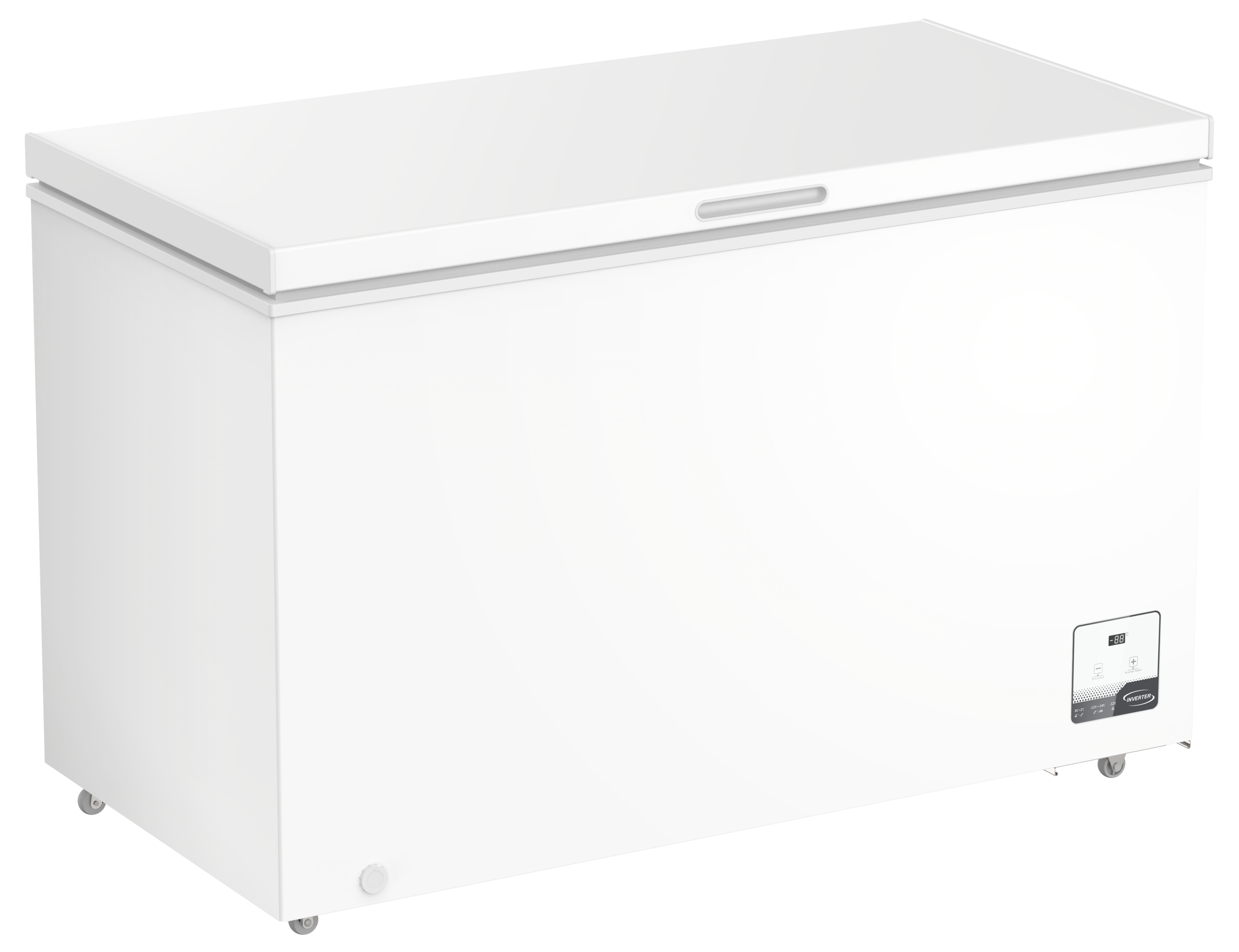 Ein weißer Brustgefrierschrank mit Rädern und einem digitalen Display.