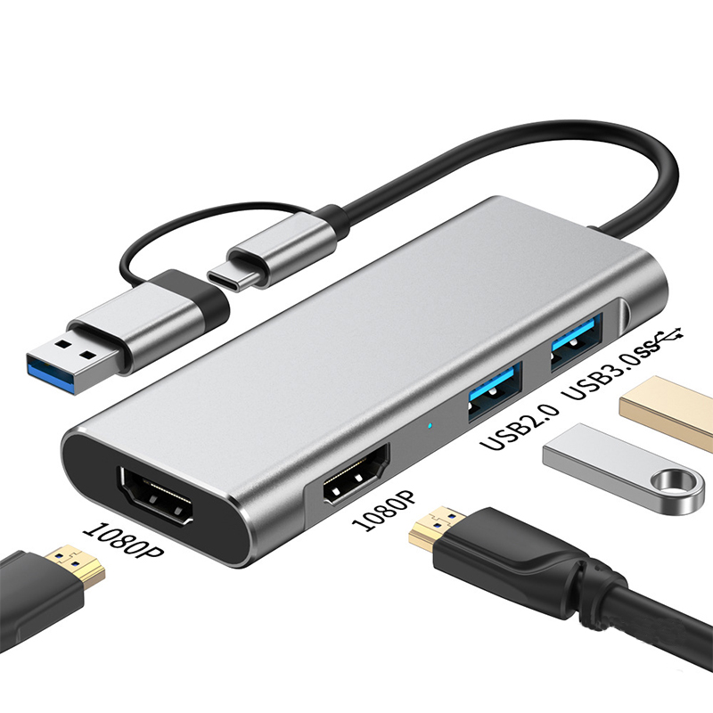 Silberne USB-C-Dockingstation mit USB-A-, HDMI-Anschlüssen und USB 3.0/2.0-Anschlüssen.