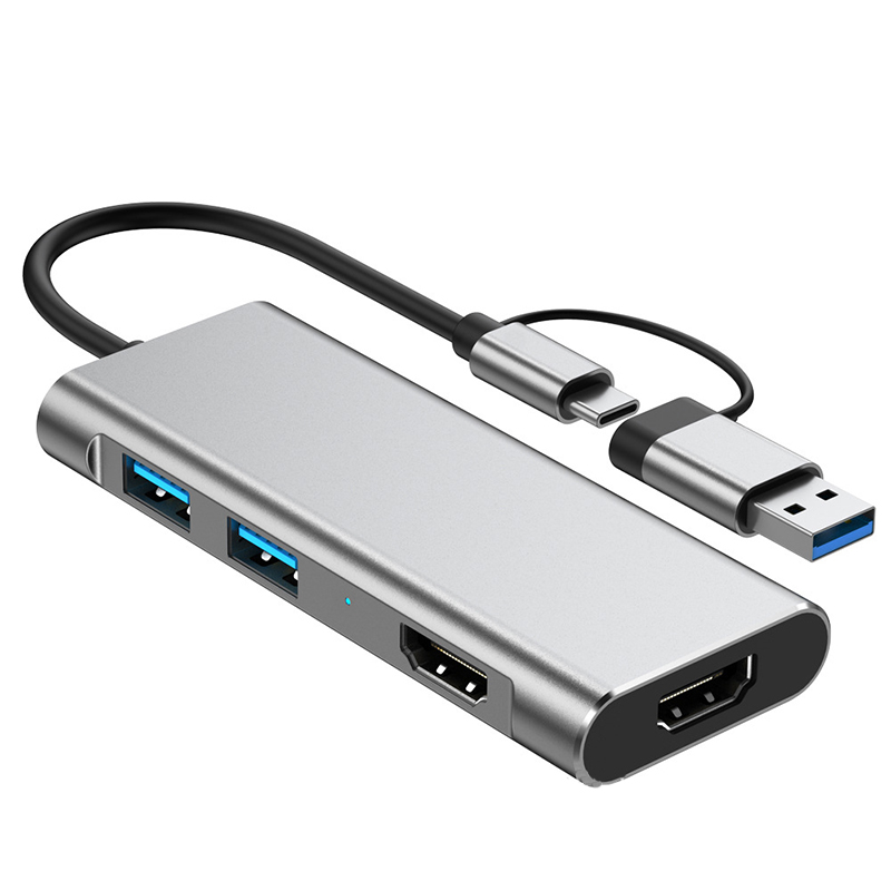 Silberne USB-C-Dockingstation mit 2 USB-A-Anschlüssen, 2 HDMI-Anschlüssen und Kabeln.