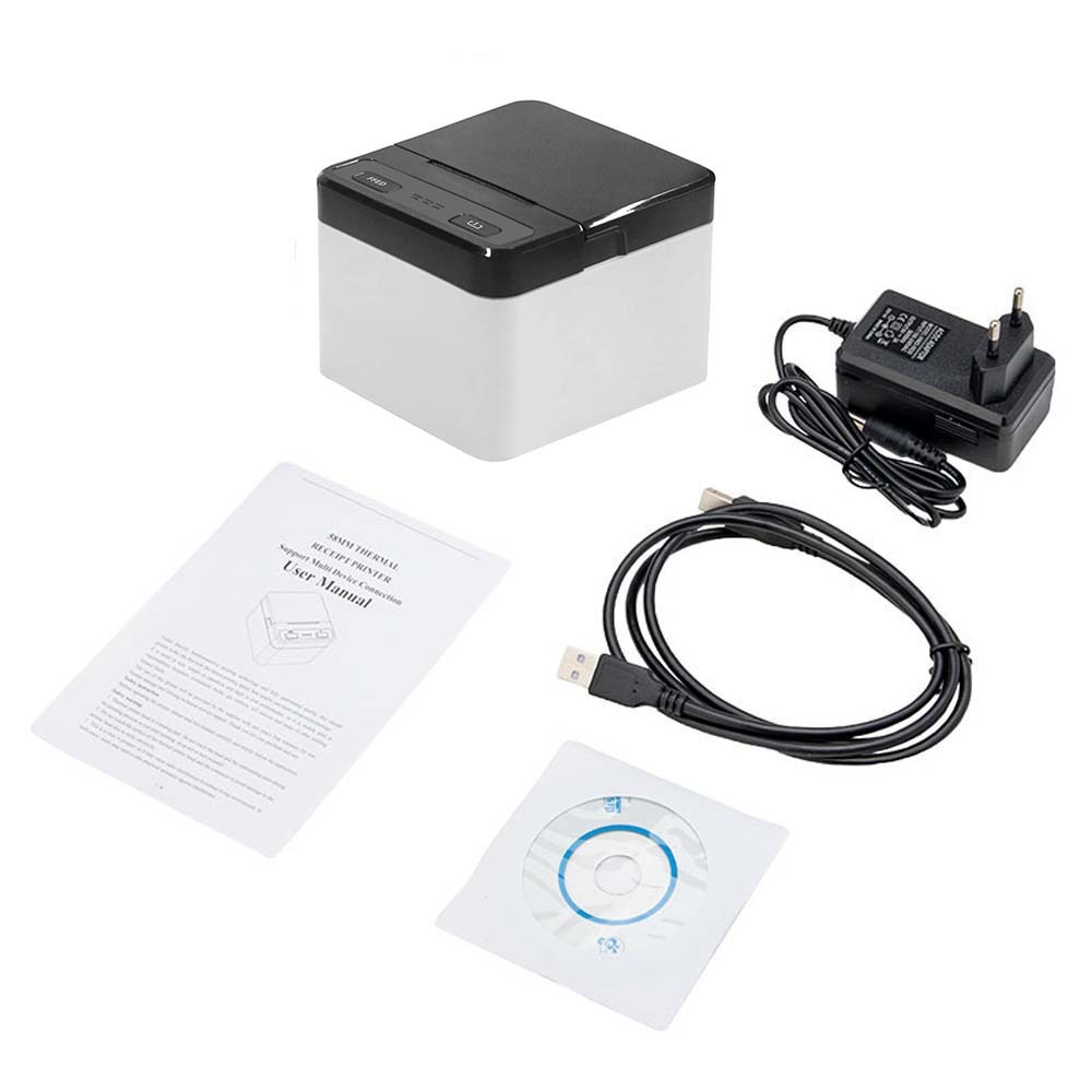 Weißer und schwarzer Thermodrucker mit Bedienungsanleitung, USB-Kabel, CD und Netzteil.