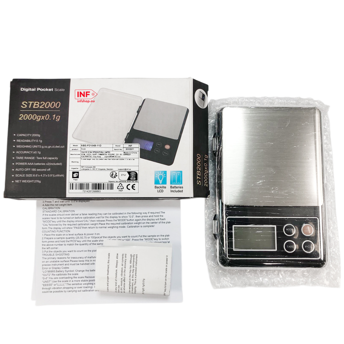 Digitale Waage STB2000, 2000g/0.1g, mit Zubehör und Anleitung.