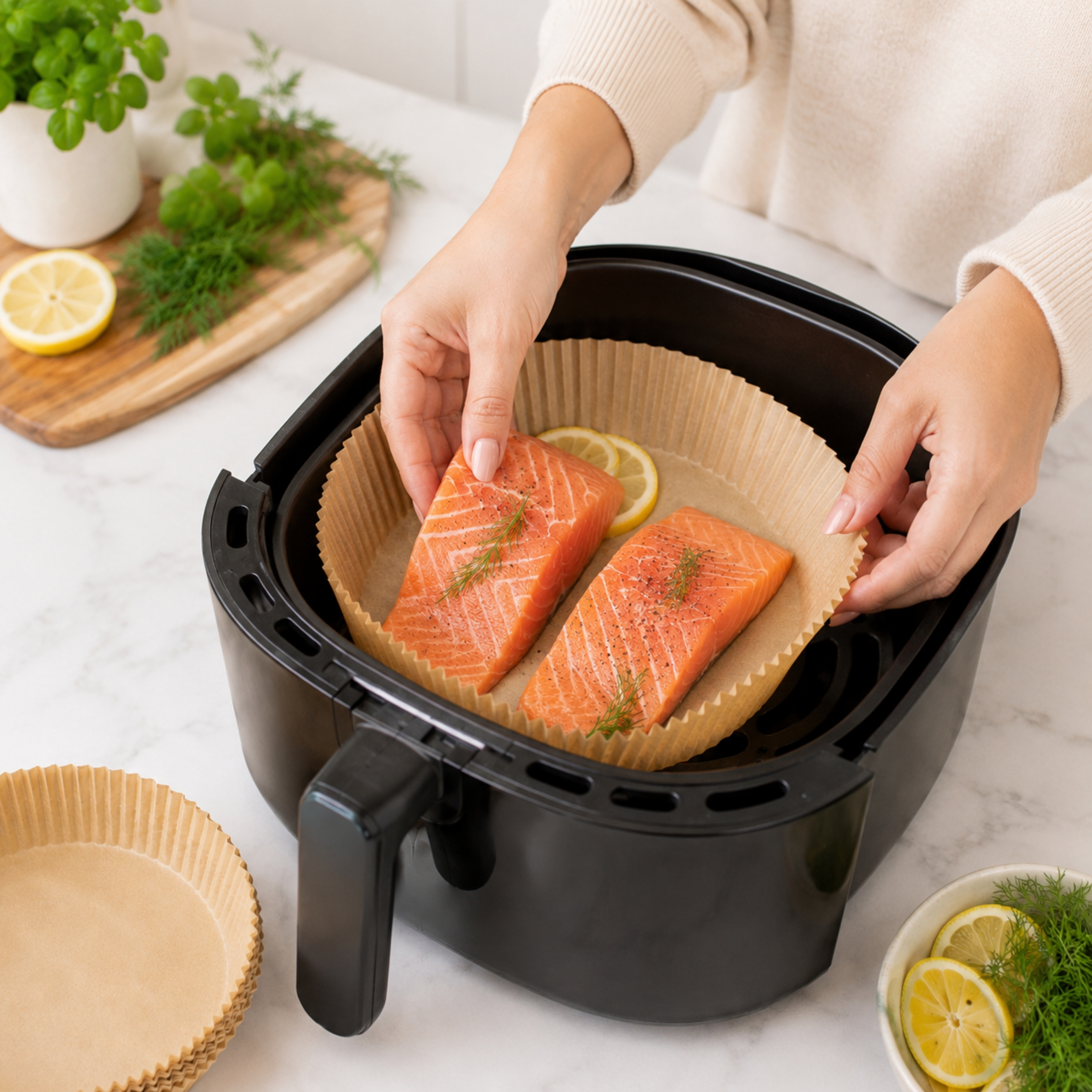 Due filetti di salmone crudo con erbe e limone nel cestello di una friggitrice ad aria.