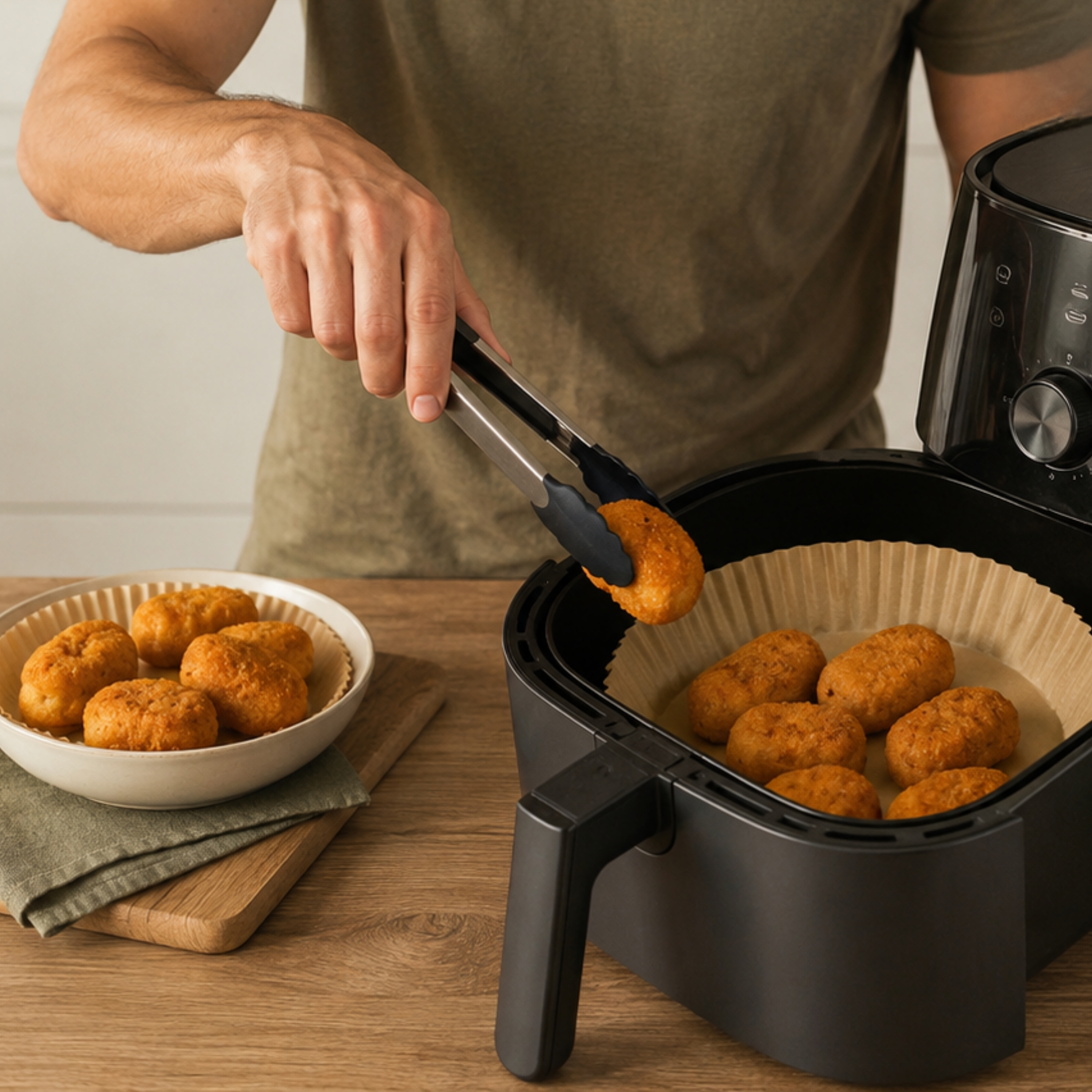 Una persona usa le pinze per mettere un nugget di pollo dorato in una friggitrice ad aria rivestita di carta forno, accanto a una ciotola di altri nugget.