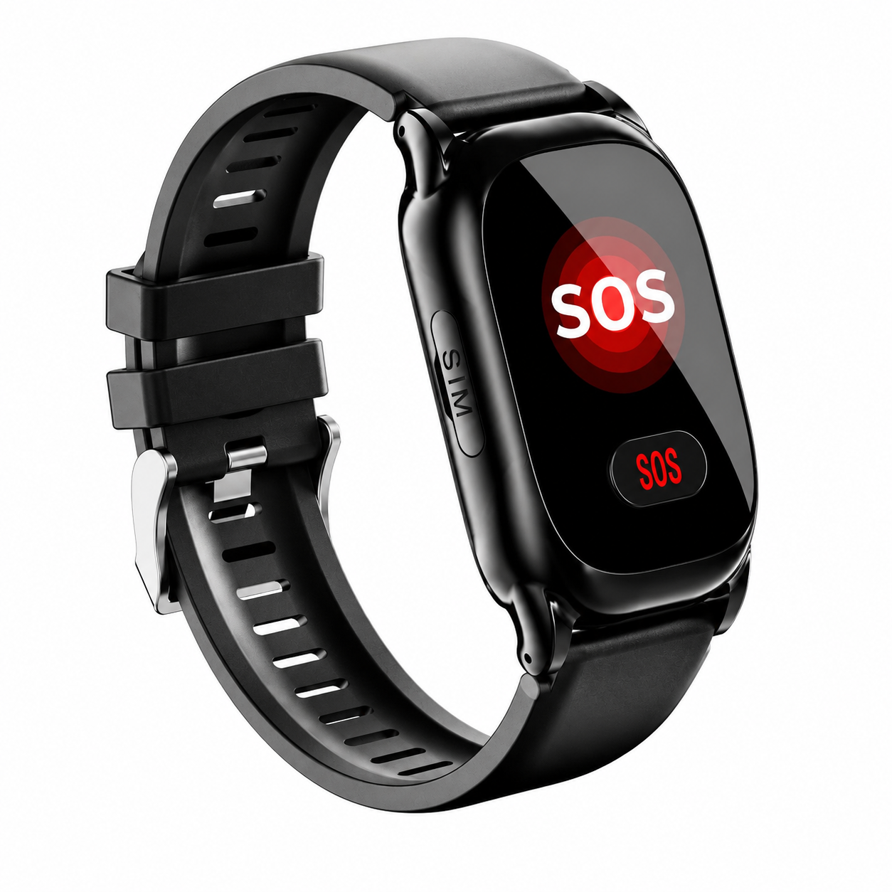 Eine schwarze Smartwatch mit einem roten SOS-Knopf und „SOS“ auf dem Bildschirm, vor weißem Hintergrund.