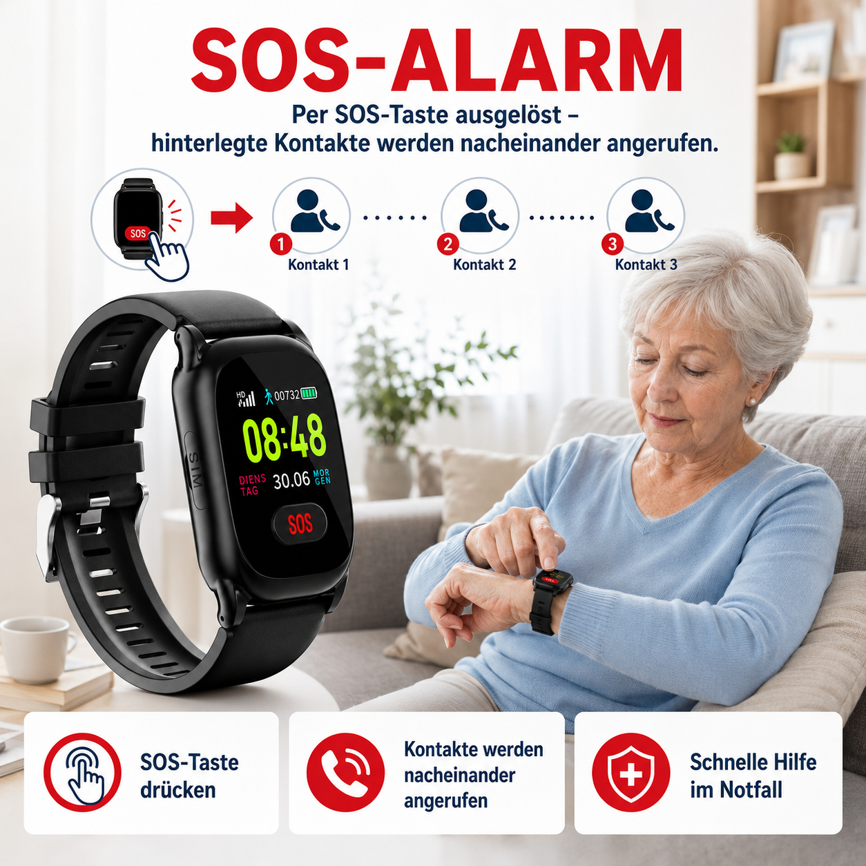 Seniorenuhr mit SOS-Alarmfunktion: Drücken Sie die SOS-Taste für schnelle Hilfe.