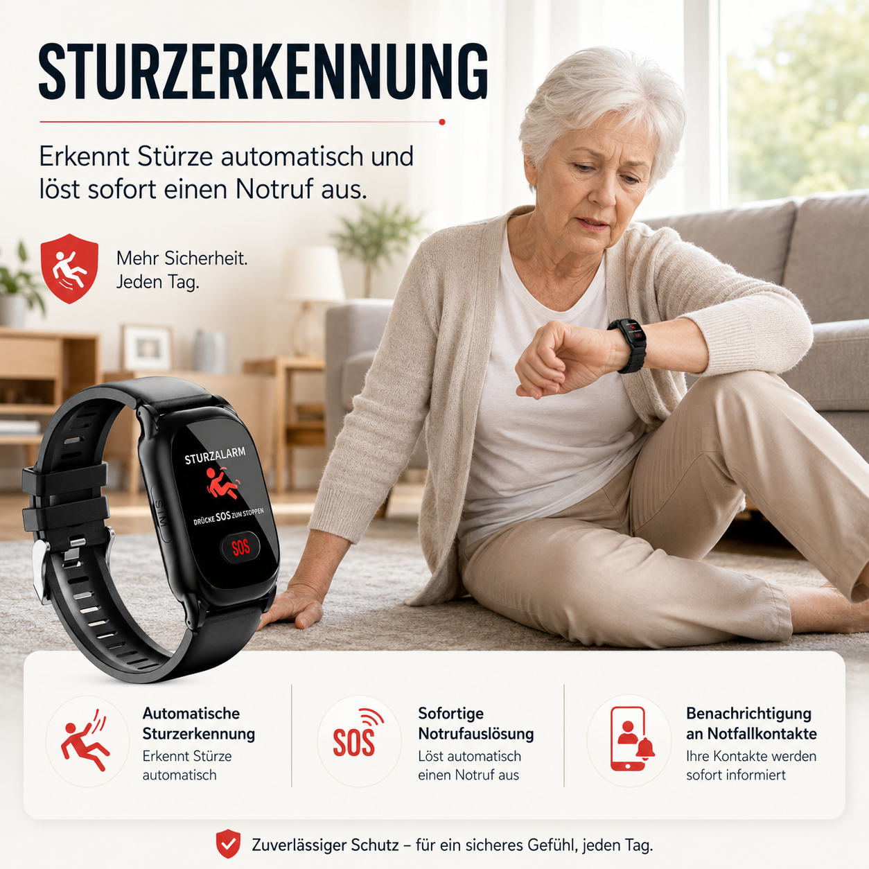Ältere Frau blickt auf ihr Smartwatch-Armband, das Sturzerkennung bietet.
