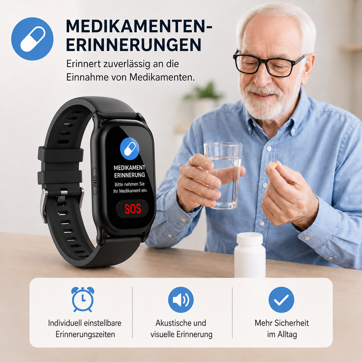 Mann nimmt Tablette mit Wasser, Smartwatch zeigt Medikamentenerinnerung an.