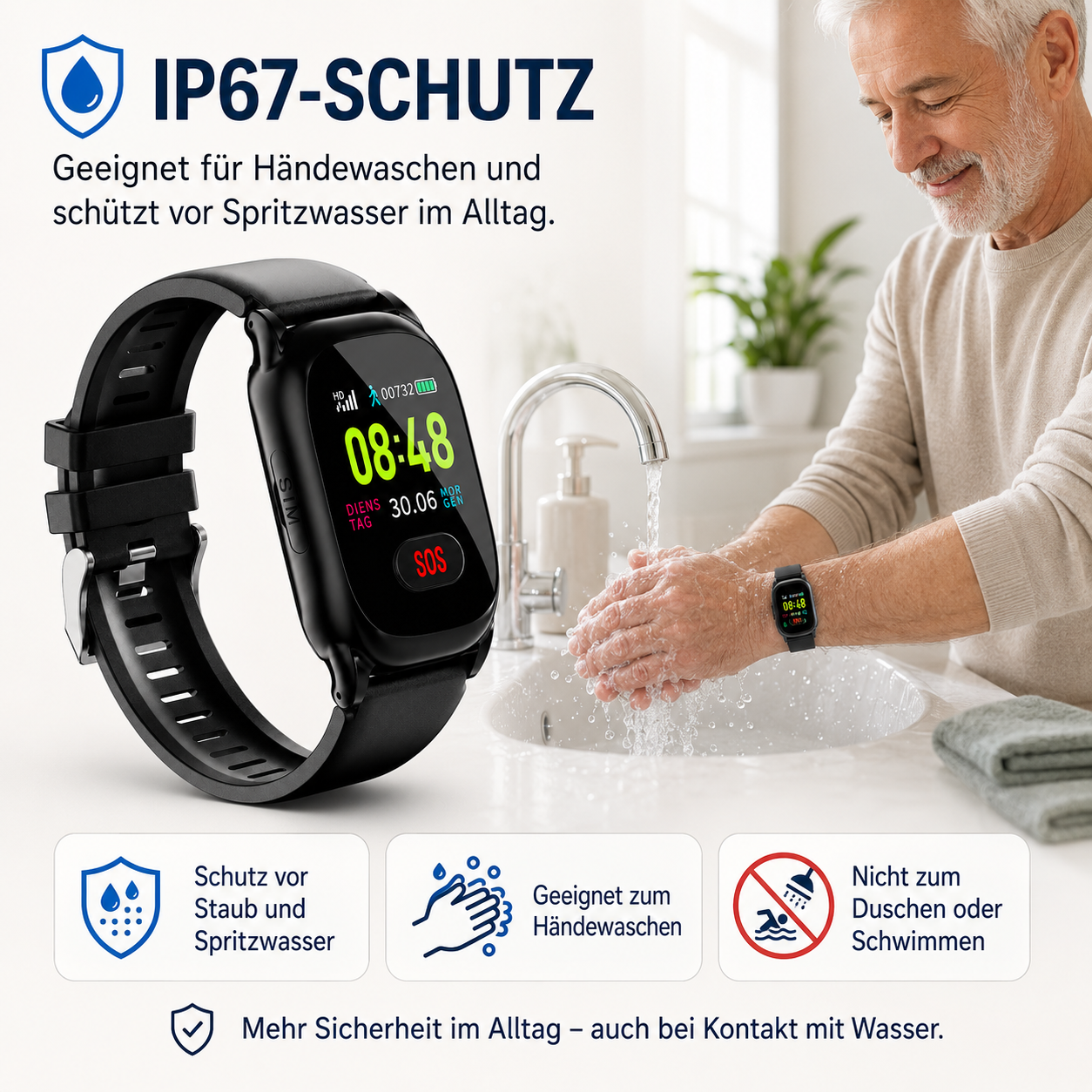 Mann wäscht Hände vor Spüle, Smartwatch am Handgelenk. IP67-Schutz.