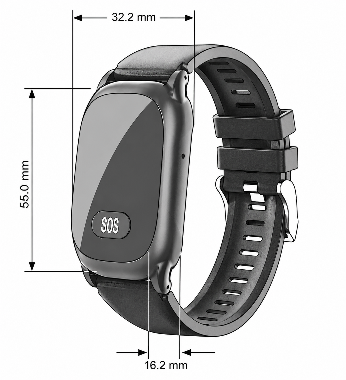 Schwarze Smartwatch mit SOS-Knopf und Maßen 55x32,2x16,2mm.