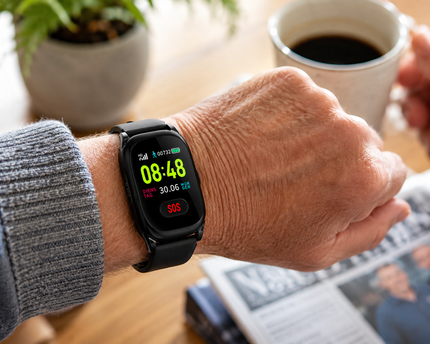 Eine Person trägt eine Smartwatch mit SOS-Taste. Im Hintergrund ist eine Kaffeetasse.