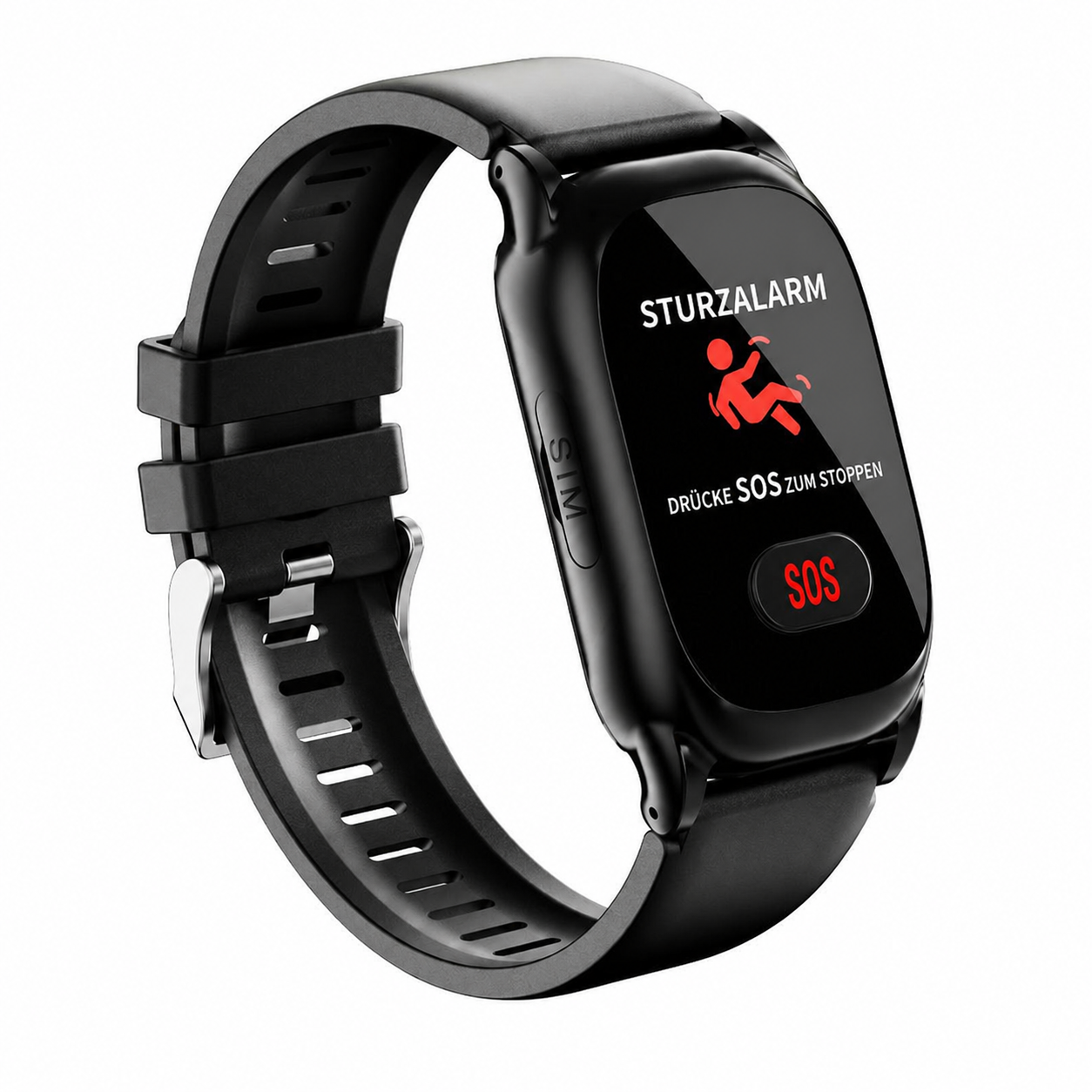 Schwarze Smartwatch mit Sturzalarm-Anzeige und SOS-Button.