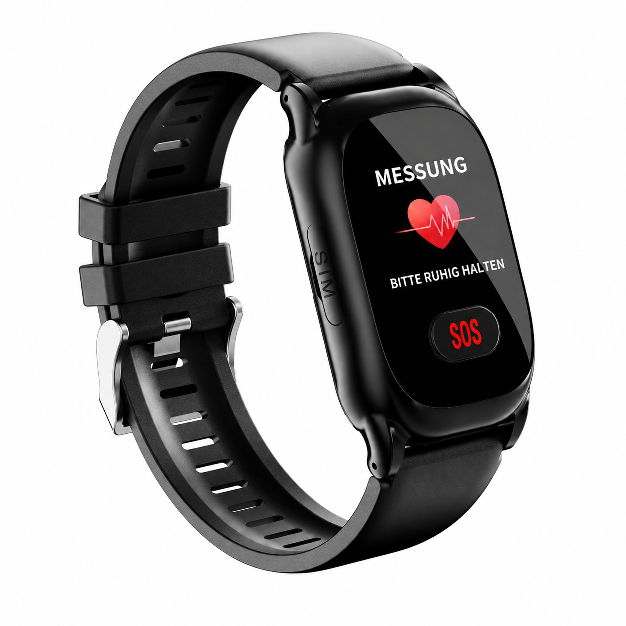 Schwarze Smartwatch mit rotem Herzschlag-Symbol und SOS-Knopf.