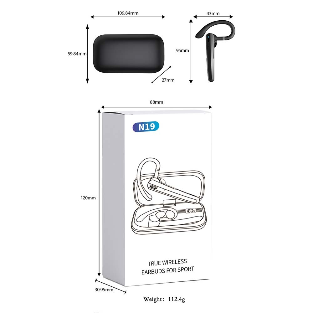 Ein weißer Hintergrund zeigt einen schwarzen Ohrhörer, eine Ladeschale und eine Box mit Produktdetails und Abmessungen.