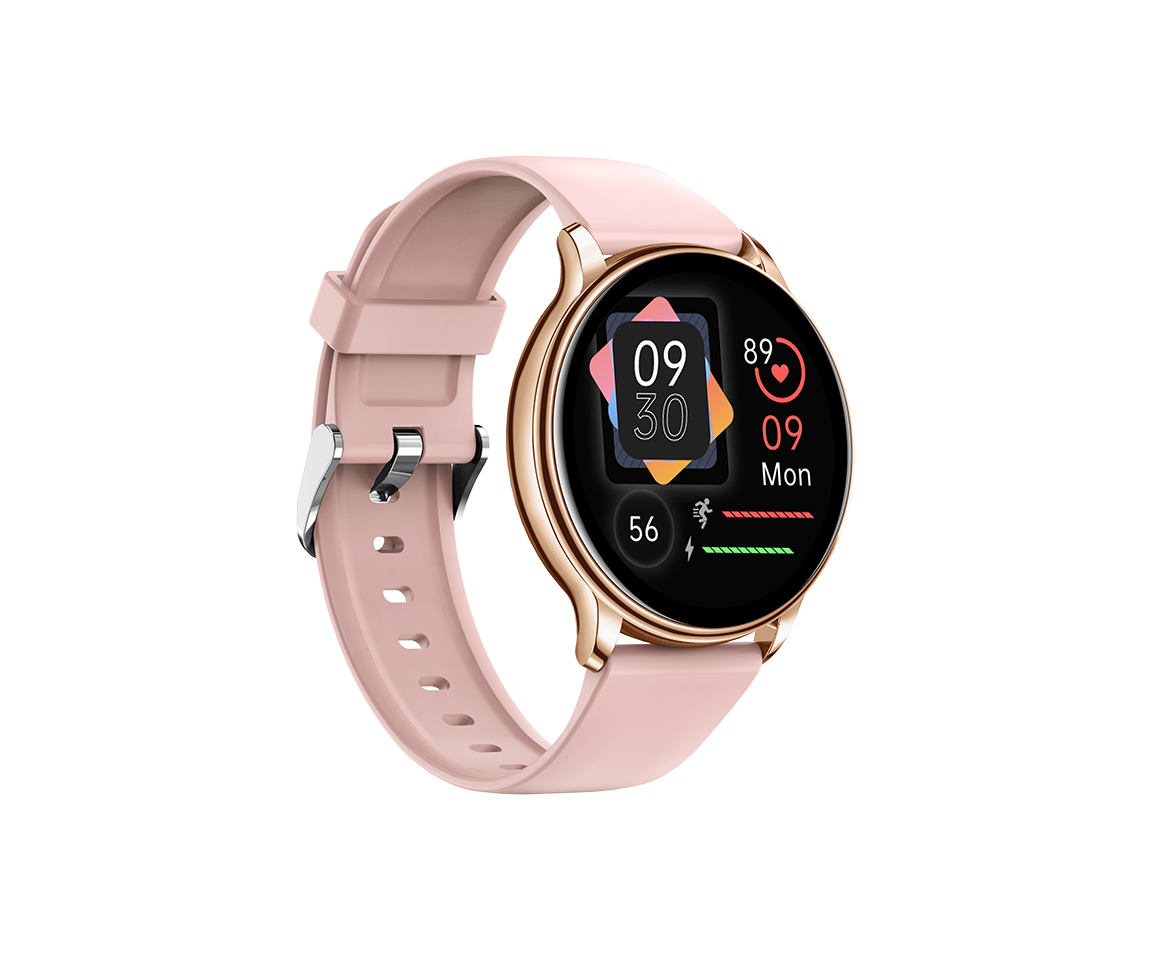Uno smartwatch rosa con cassa dorata mostra ora e dati fitness sul display.