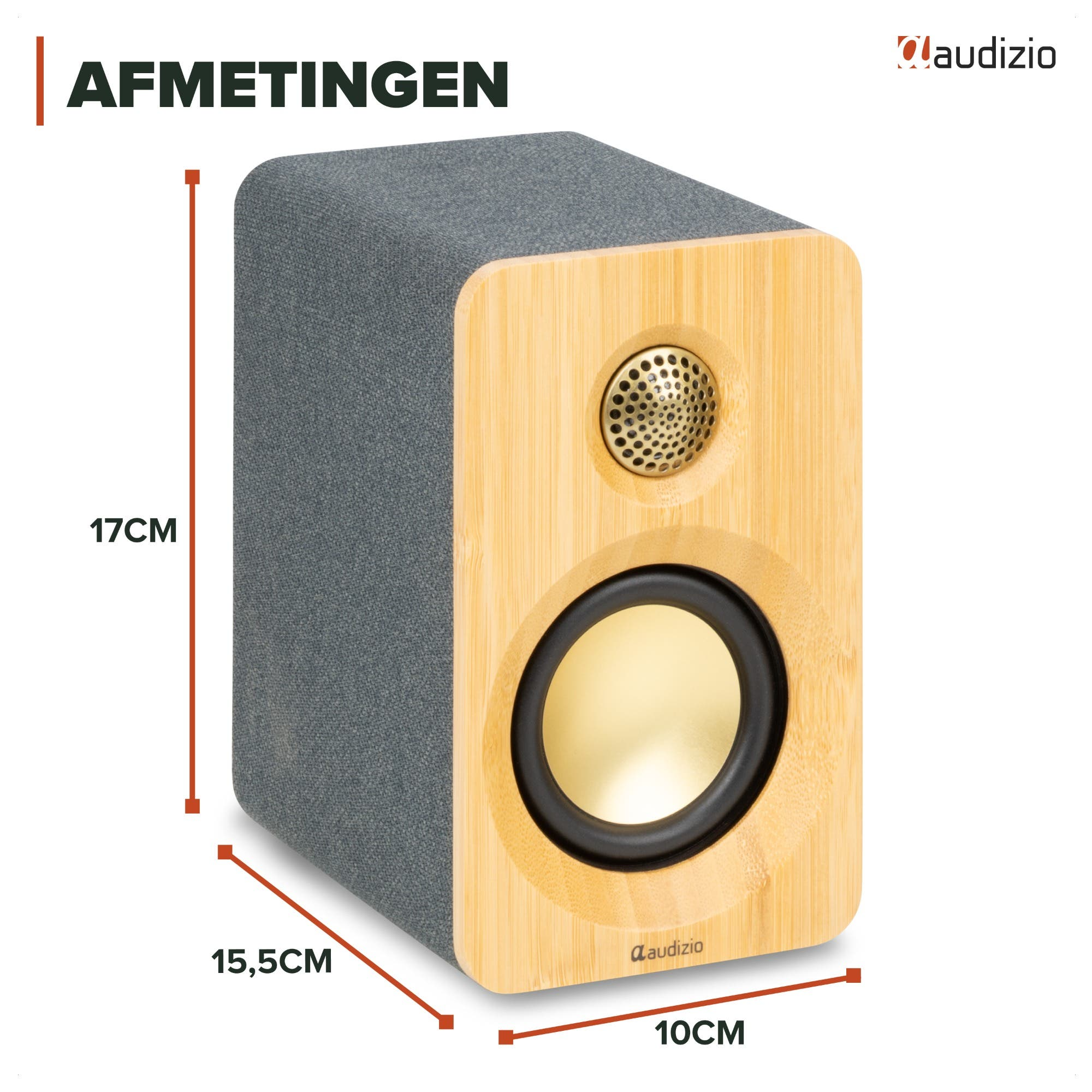 Un altavoz con frontal de madera de bambú, laterales de tela gris y conos de altavoz dorados, mostrando dimensiones sobre fondo blanco.