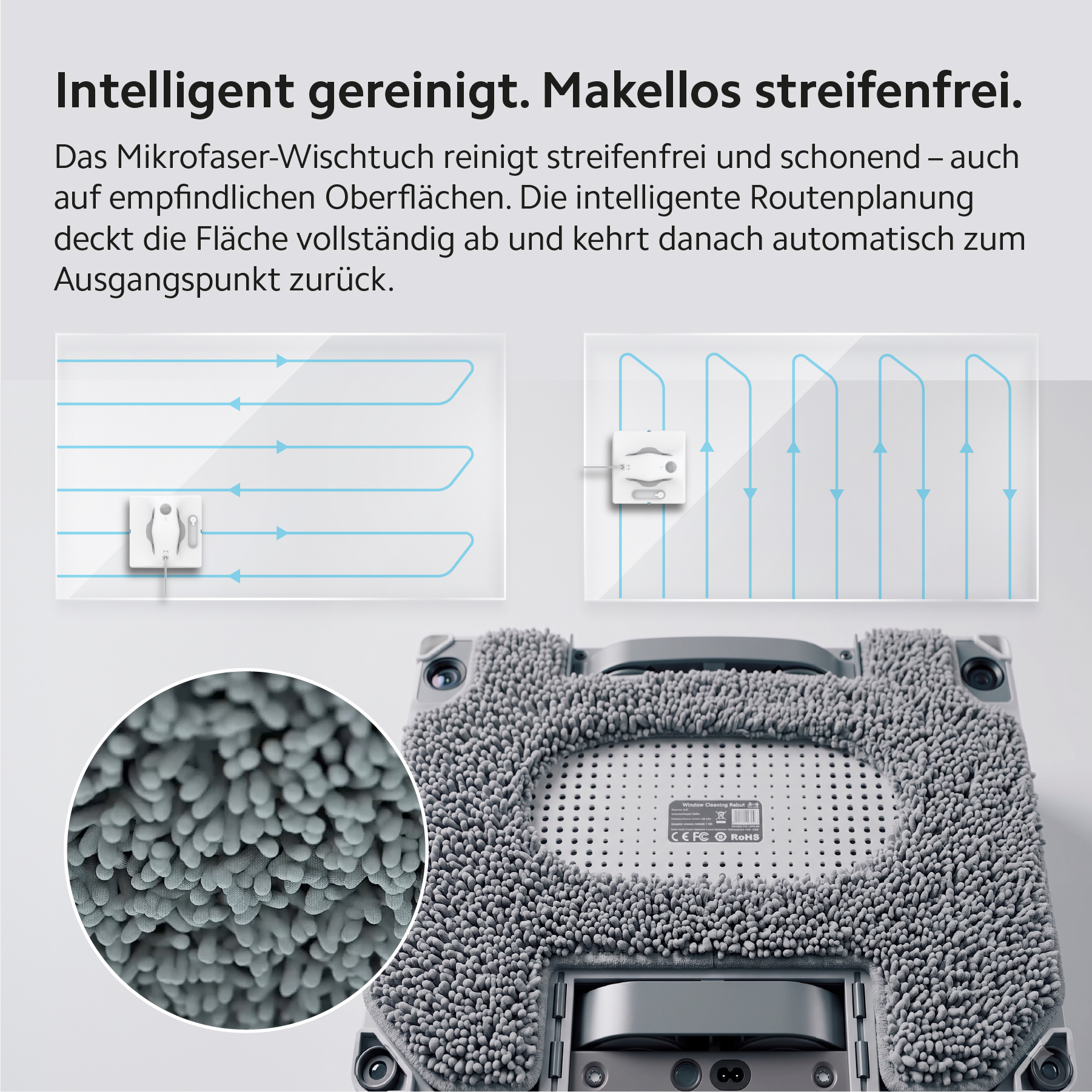 Un robot lavavetri con tampone in microfibra e schema del suo percorso.