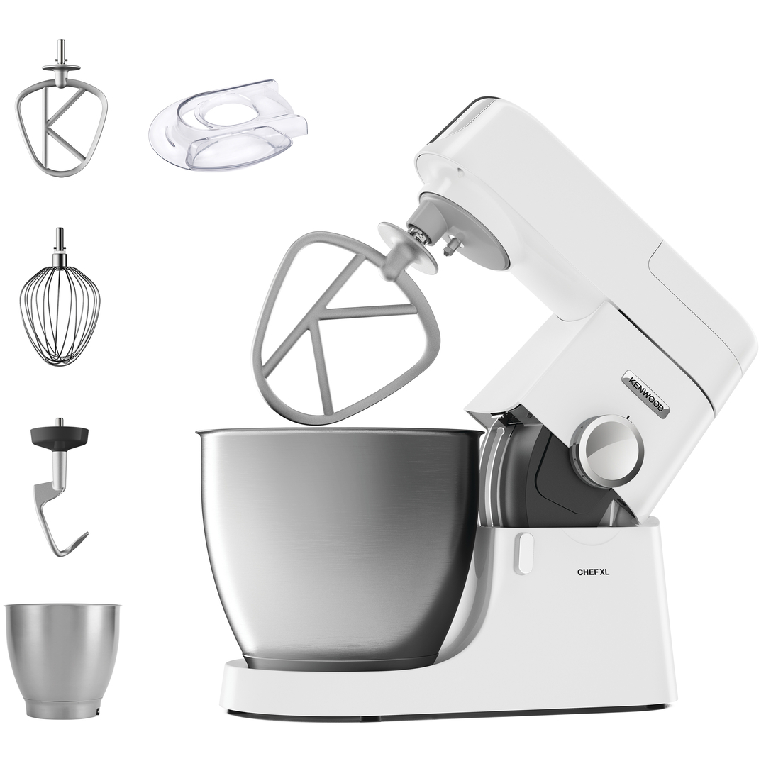 Ein weißer Kenwood Küchenmaschinen-Set mit Schüssel, Schneebesen, Knethaken und Spritzschutz.