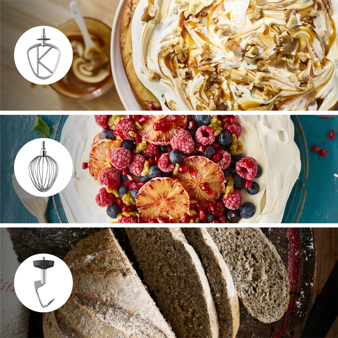 Drei Bilder zeigen Küchenmaschinen-Aufsätze und zubereitete Speisen: Kuchen, Obsttorte, Brot.