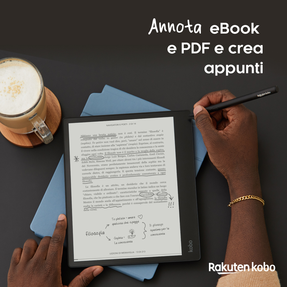 Una persona usa uno stilo per scrivere appunti su un e-reader Kobo che mostra del testo, con un latte nelle vicinanze.