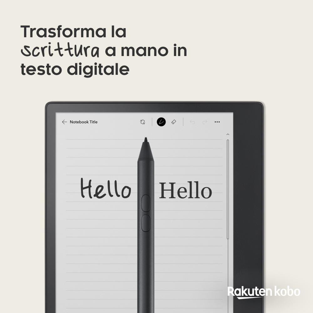 Uno stilo sopra la parola 'Ciao' su un e-reader che mostra una pagina di quaderno.