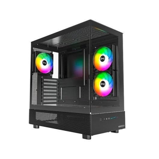 Case PC nero con tre ventole RGB colorate, frontale in vetro e pannello mesh.