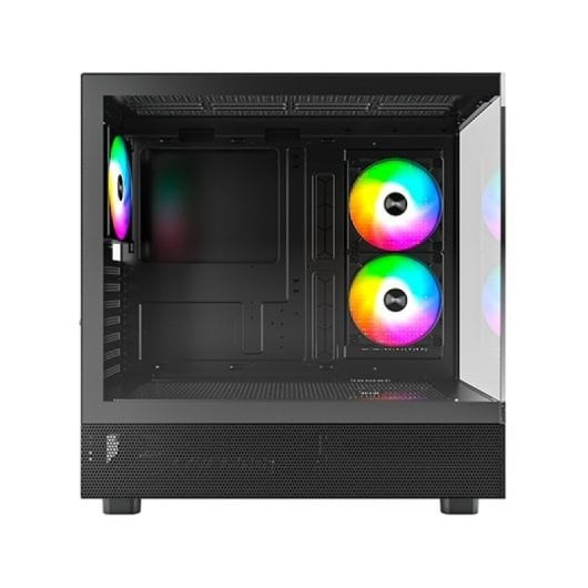 Case PC nero con ventole illuminate e pannello laterale in vetro.